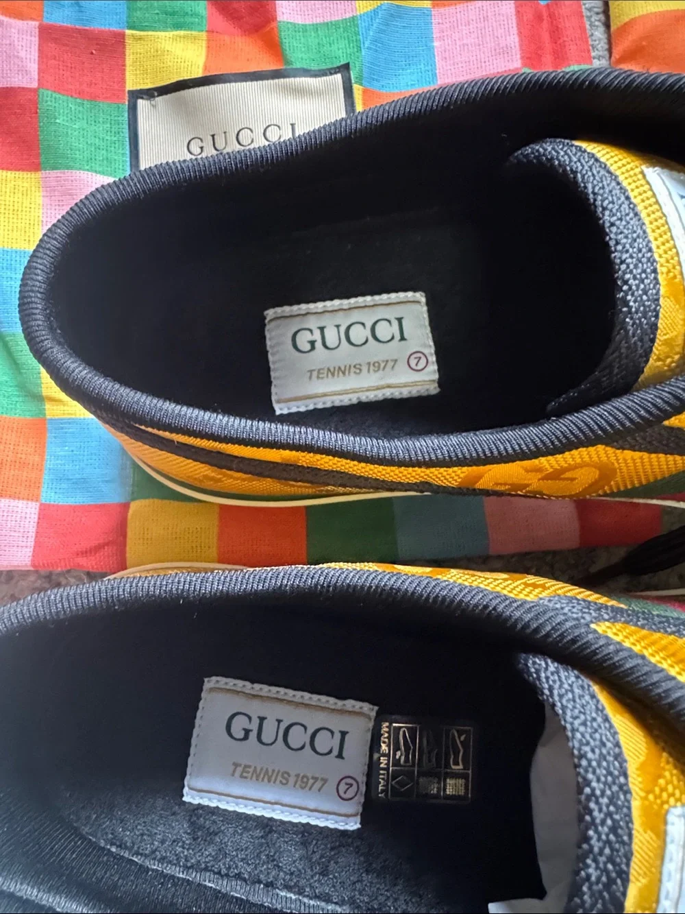 Mens Gucci Yellow Canvas Sneakers with Green and Red Web Stripe and Black Trim